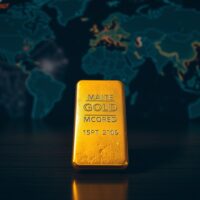 Gold bar on dark surface representing market uncertainty amid geopolitical tensions and economic data.