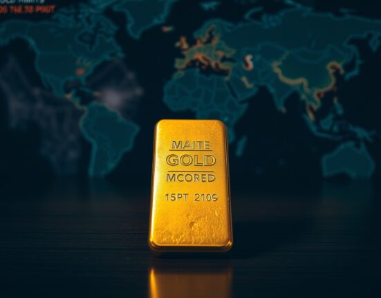 Gold bar on dark surface representing market uncertainty amid geopolitical tensions and economic data.