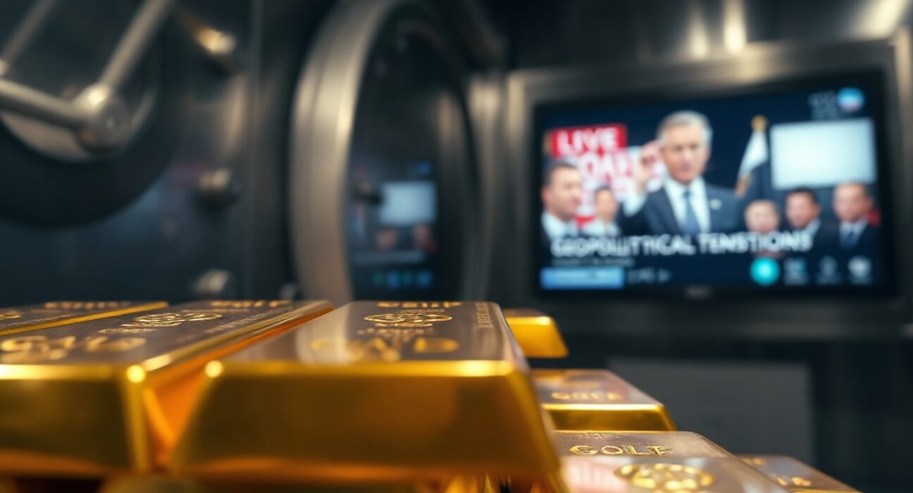 Stacked gold bars in a vault with a blurred news screen in the background
