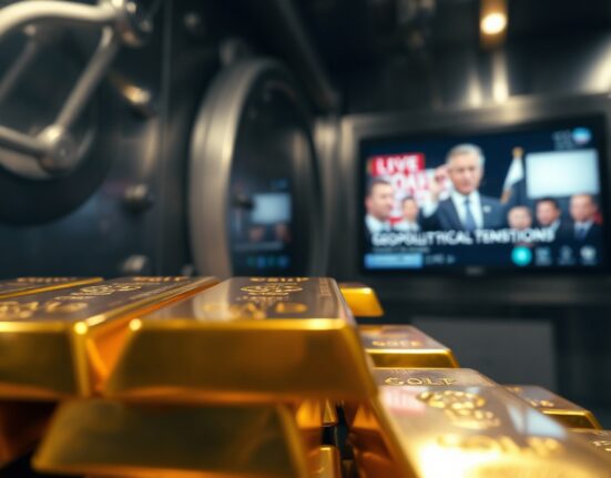 Stacked gold bars in a vault with a blurred news screen in the background