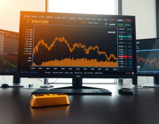Gold price chart falling below $5,100 on a financial trading desk monitor.