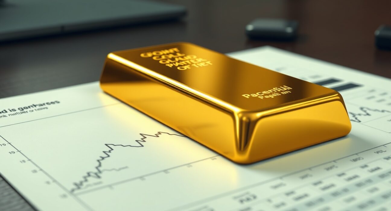 Gold bullion bar on a financial chart representing price uncertainty amid Federal Reserve policy.