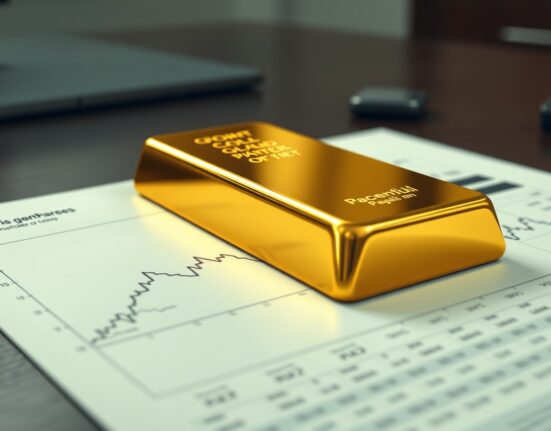 Gold bullion bar on a financial chart representing price uncertainty amid Federal Reserve policy.