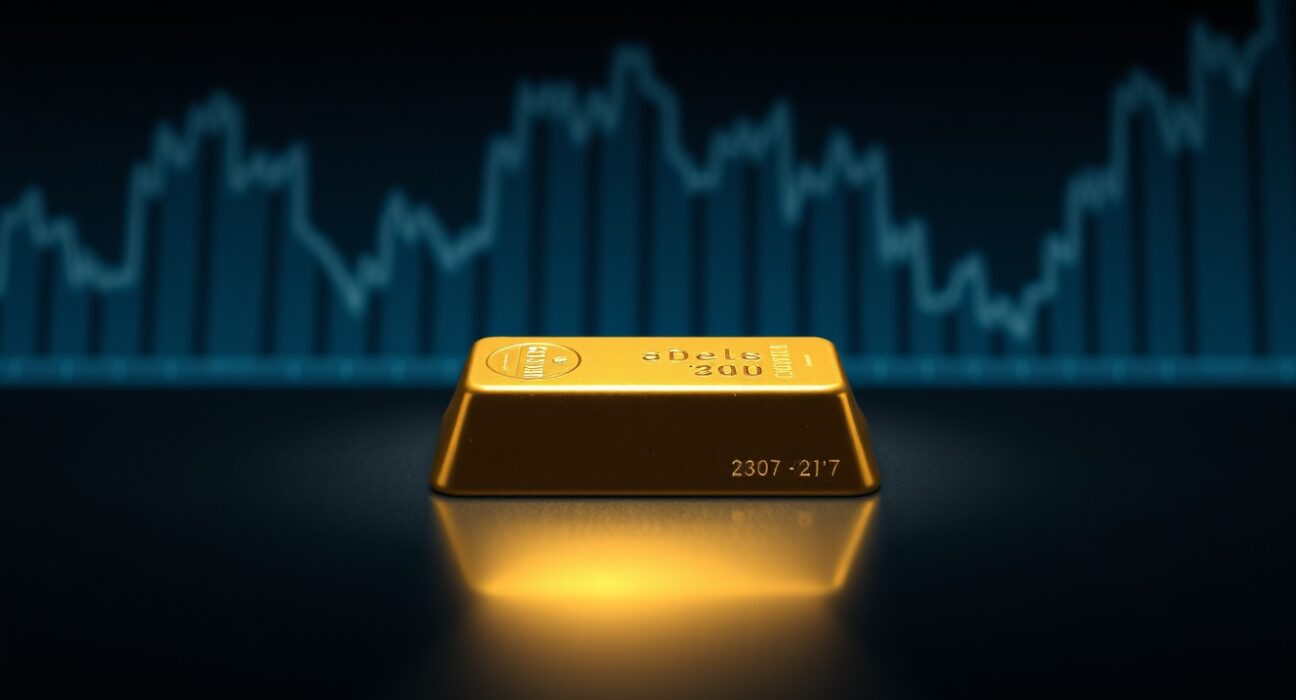 Gold bar on reflective surface with financial market background