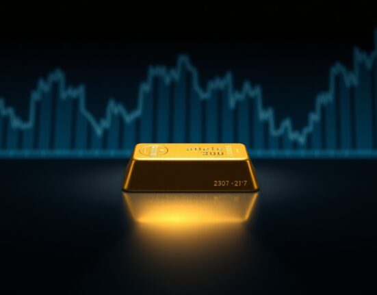 Gold bar on reflective surface with financial market background