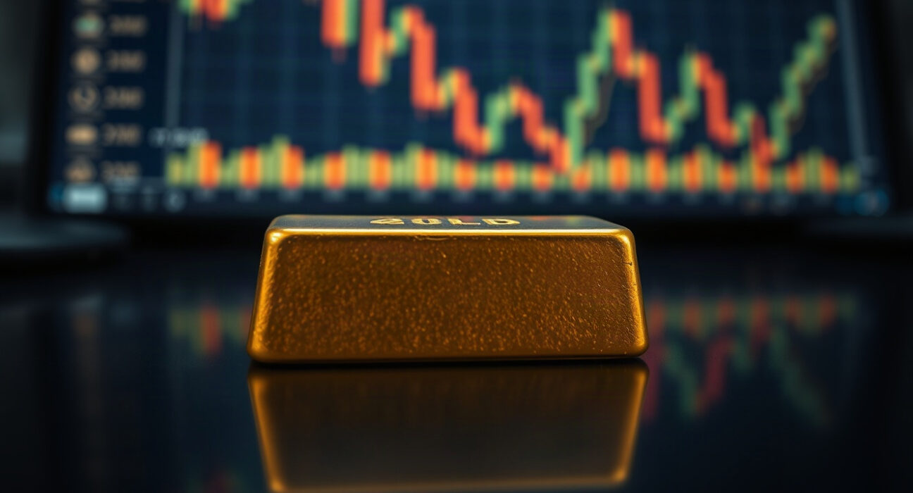 Gold bullion bar on reflective surface with blurred financial chart in background