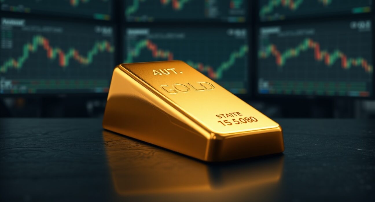 Gold bullion bar representing market stability amid Federal Reserve policy and Middle East uncertainty.