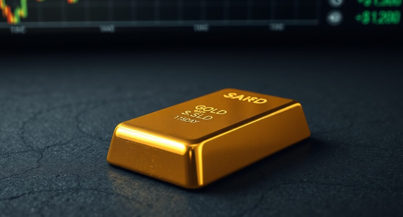 Gold bullion bar representing stable gold prices amid US yield shifts and Iran risks.
