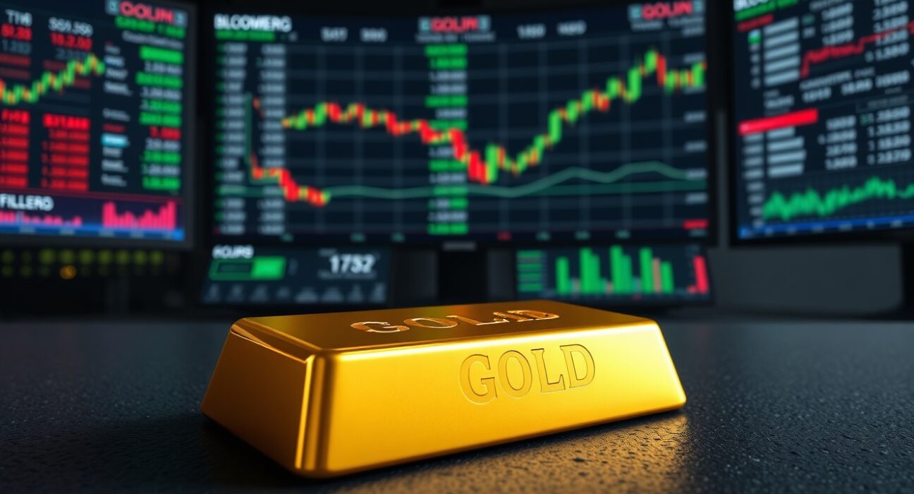 Gold bullion bar in a trading context, representing the struggle for gold prices to gain momentum.