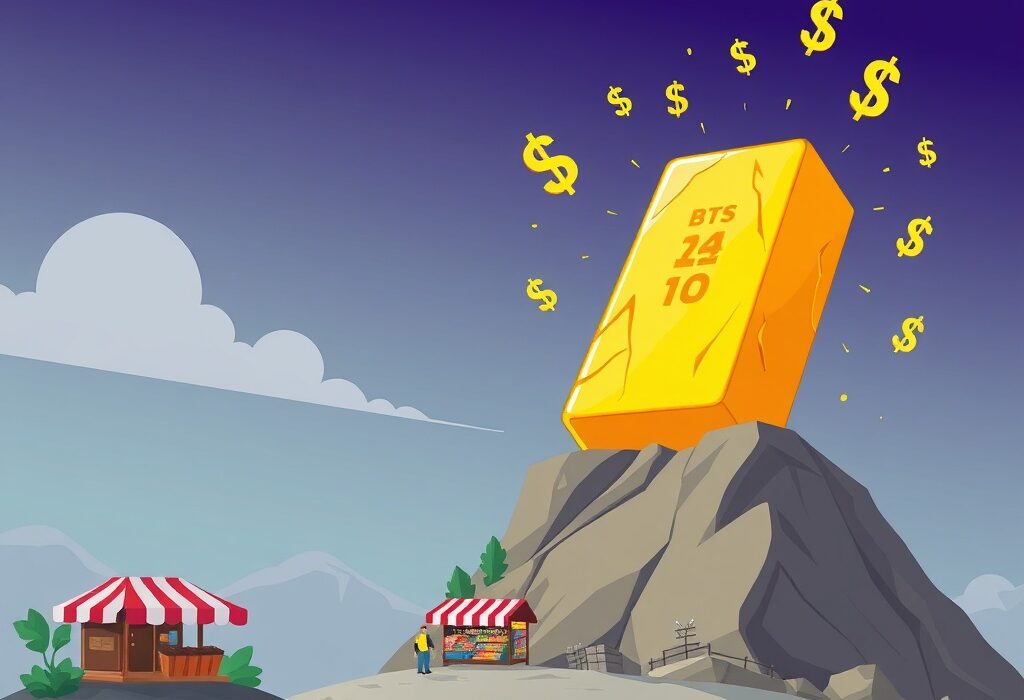 A cartoon gold bar symbolizing the Gold Price Surge to an all-time high, representing market strength and investor interest.