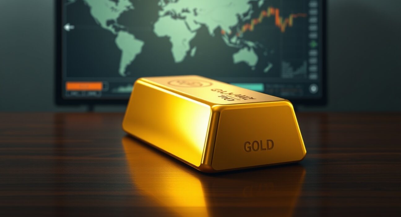Gold bullion bar representing the surge in gold prices amid dollar weakness and diplomatic optimism.