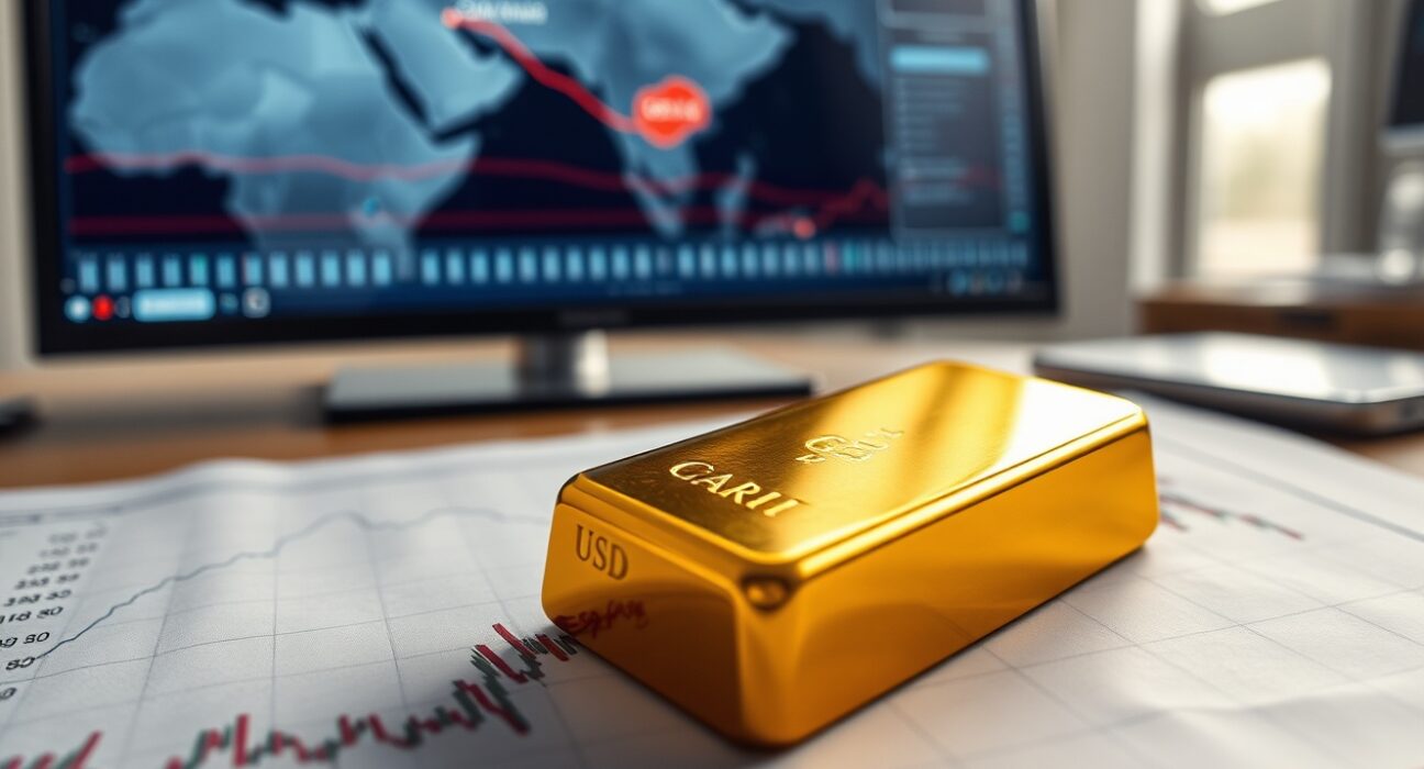 Gold bullion on a financial chart showing the dollar's fall and gold's rise after the Strait of Hormuz reopening.