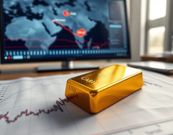 Gold bullion on a financial chart showing the dollar's fall and gold's rise after the Strait of Hormuz reopening.