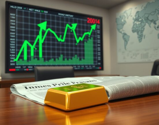 Gold bullion bar with rising price chart representing market uncertainty during Iran ceasefire negotiations.