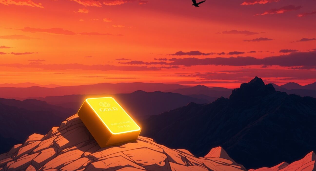 Gold price surge driven by safe-haven demand during Iran conflict, illustrated as precious metal on a mountain.