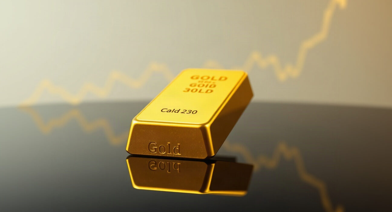 Gold bar with a subtle upward chart reflection, representing rising gold prices