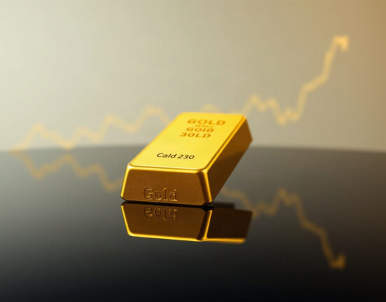 Gold bar with a subtle upward chart reflection, representing rising gold prices