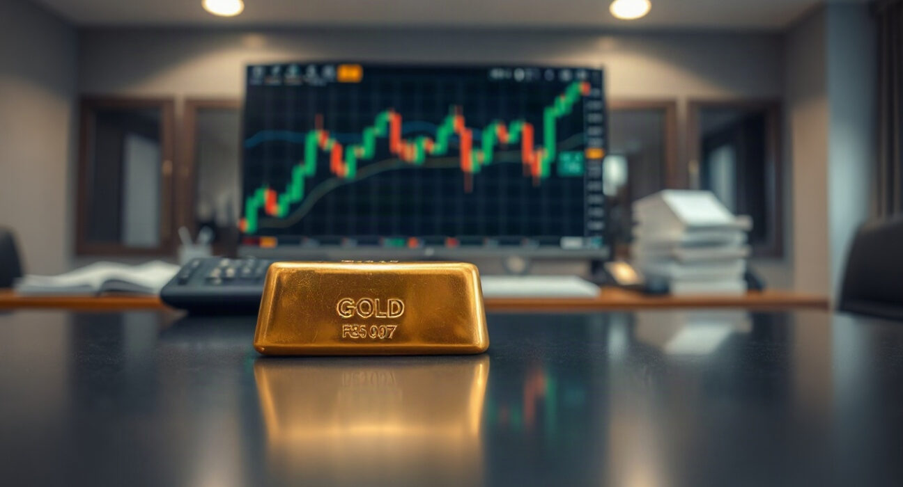 Close-up of a gold bar with a financial chart in the background, symbolizing market analysis.