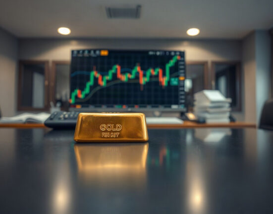Close-up of a gold bar with a financial chart in the background, symbolizing market analysis.