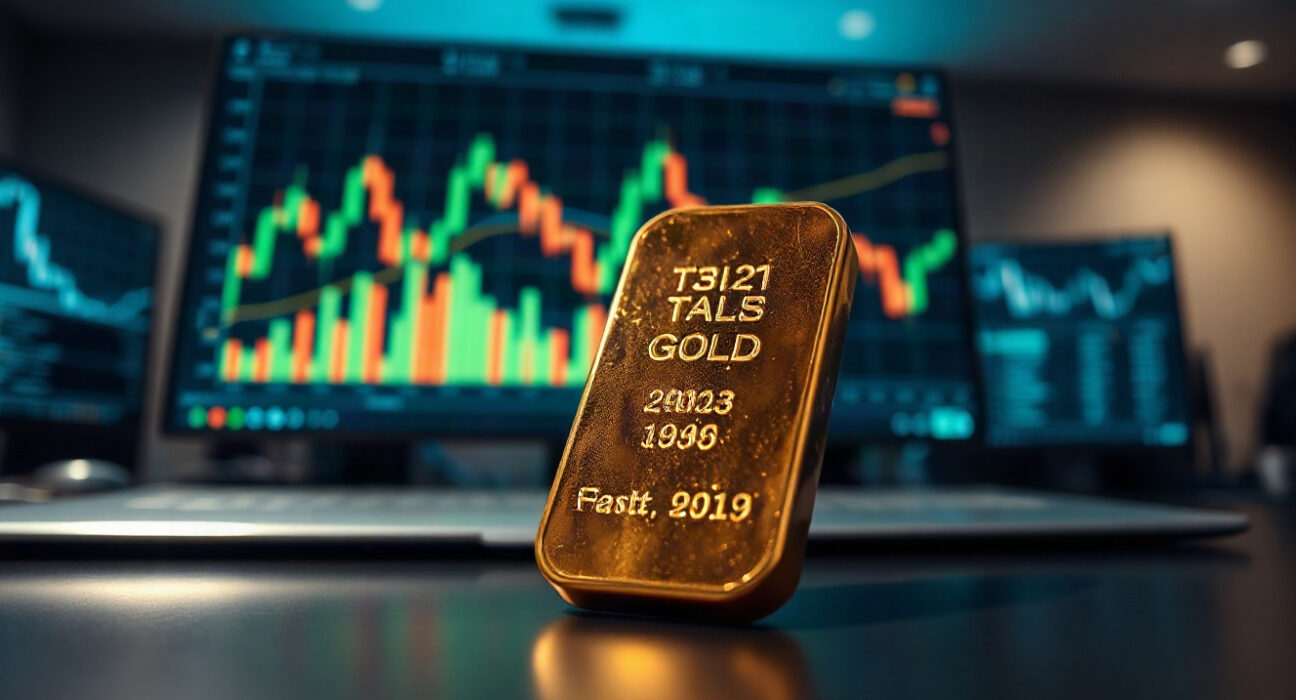 Gold bullion bar on a trading desk with a candlestick chart in the background