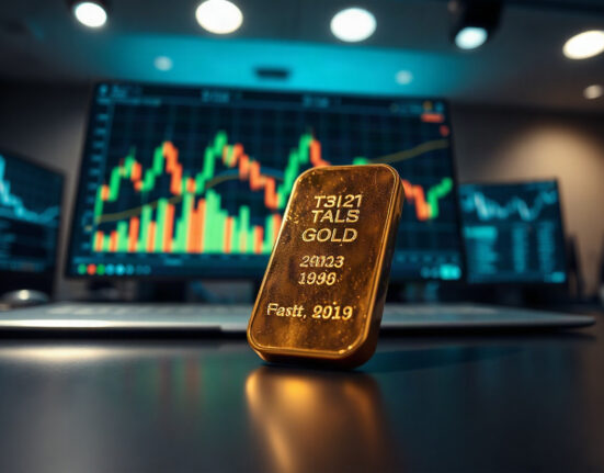 Gold bullion bar on a trading desk with a candlestick chart in the background