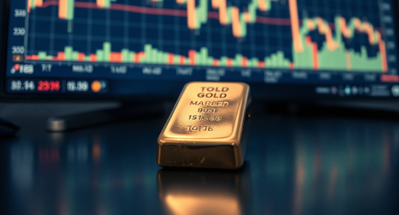 Gold bar on reflective surface with financial charts in background