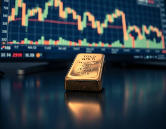 Gold bar on reflective surface with financial charts in background
