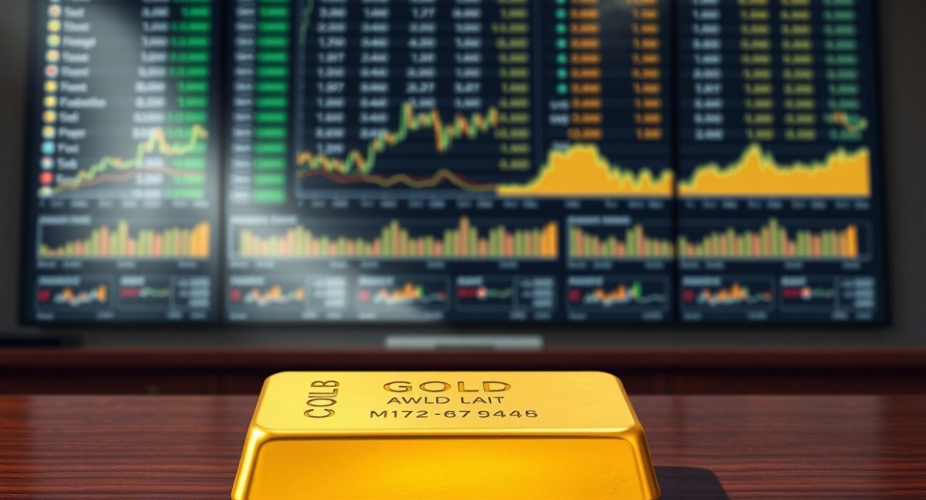 Gold bullion bar on trading desk representing market uncertainty ahead of Trump's Iran decision.