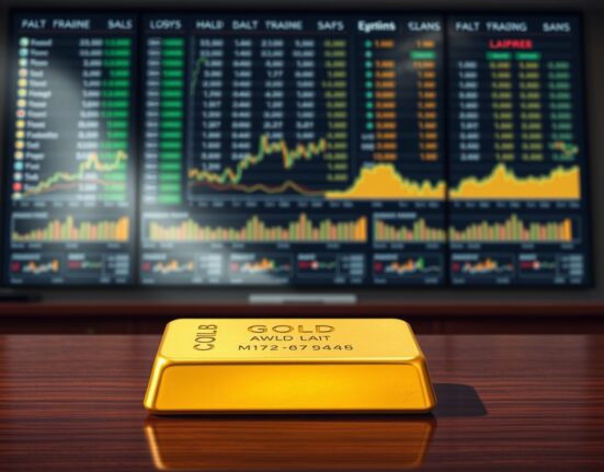 Gold bullion bar on trading desk representing market uncertainty ahead of Trump's Iran decision.