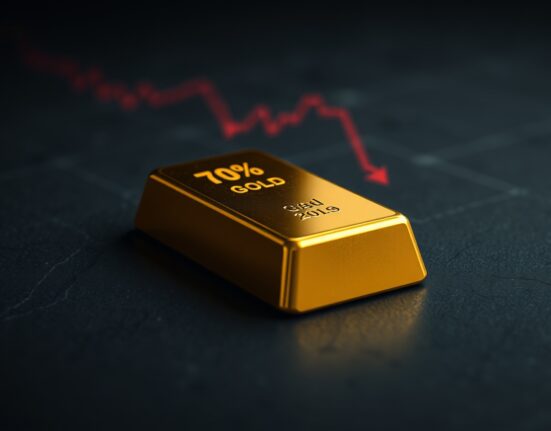 Gold bullion bar reflecting market decline as prices fall below $5,100.