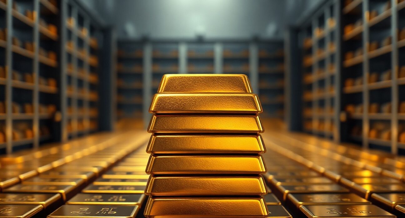 Stack of gold bars in a vault, representing declining gold prices amid strong US dollar and Fed rate hike expectations.