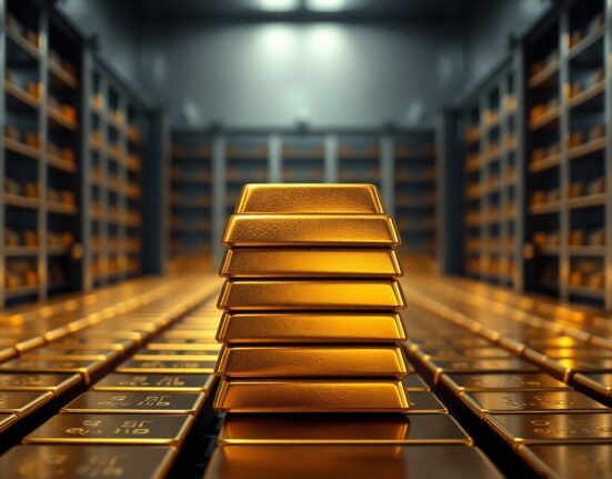 Stack of gold bars in a vault, representing declining gold prices amid strong US dollar and Fed rate hike expectations.