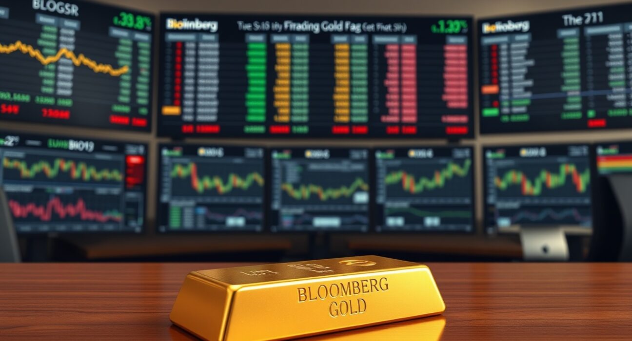 Gold bullion bar with financial market charts in background representing gold price movements amid geopolitical developments