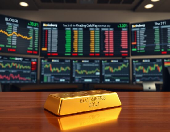 Gold bullion bar with financial market charts in background representing gold price movements amid geopolitical developments