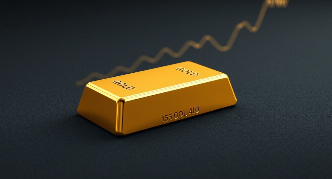 Gold bullion bar representing rising gold prices amid geopolitical uncertainty and dollar weakness.
