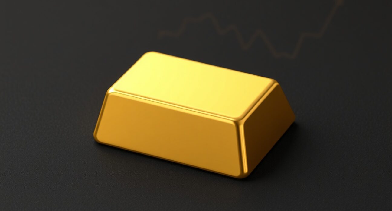 Gold bullion bar under pressure from a strong US Dollar symbol, representing market struggles in 2025.