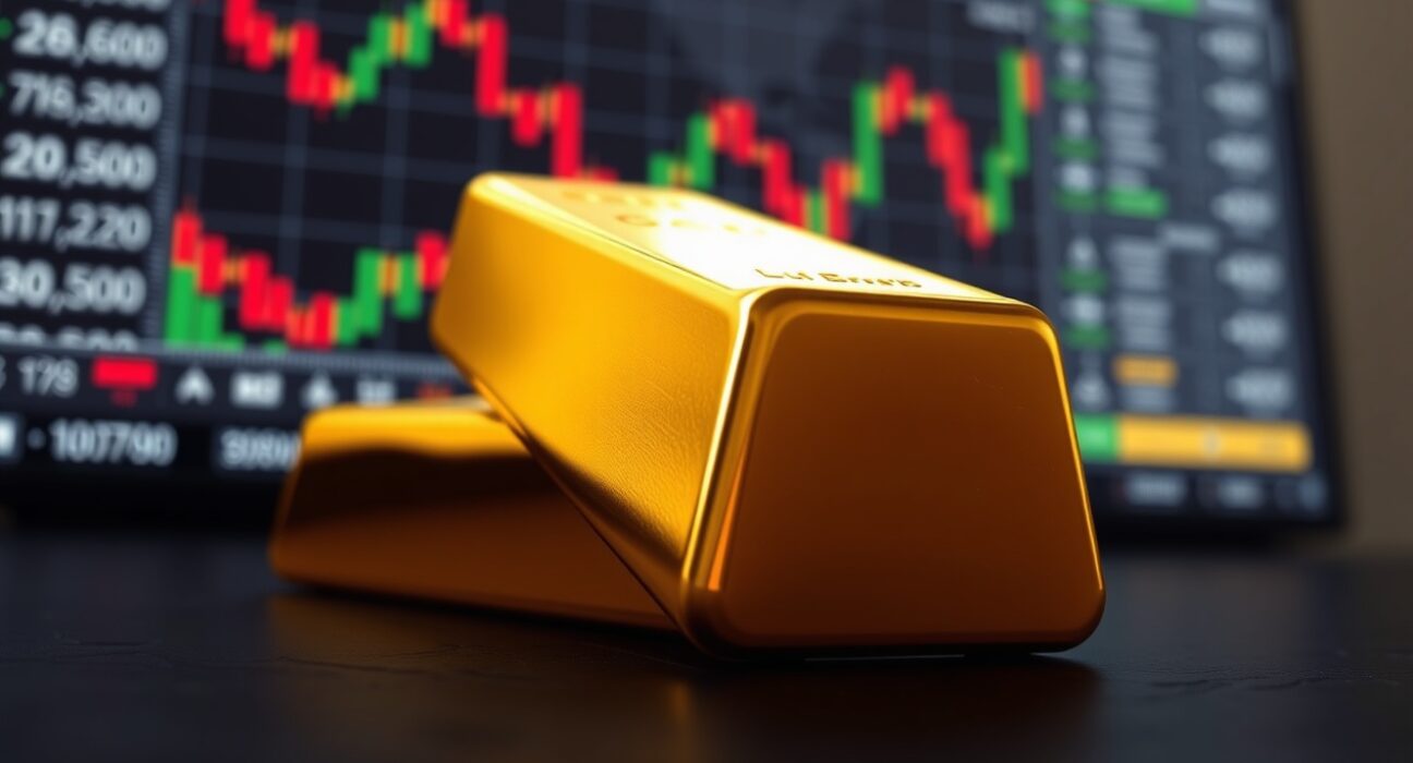 Gold bullion bar representing safe-haven asset strength during US-Iran geopolitical tensions and market volatility.