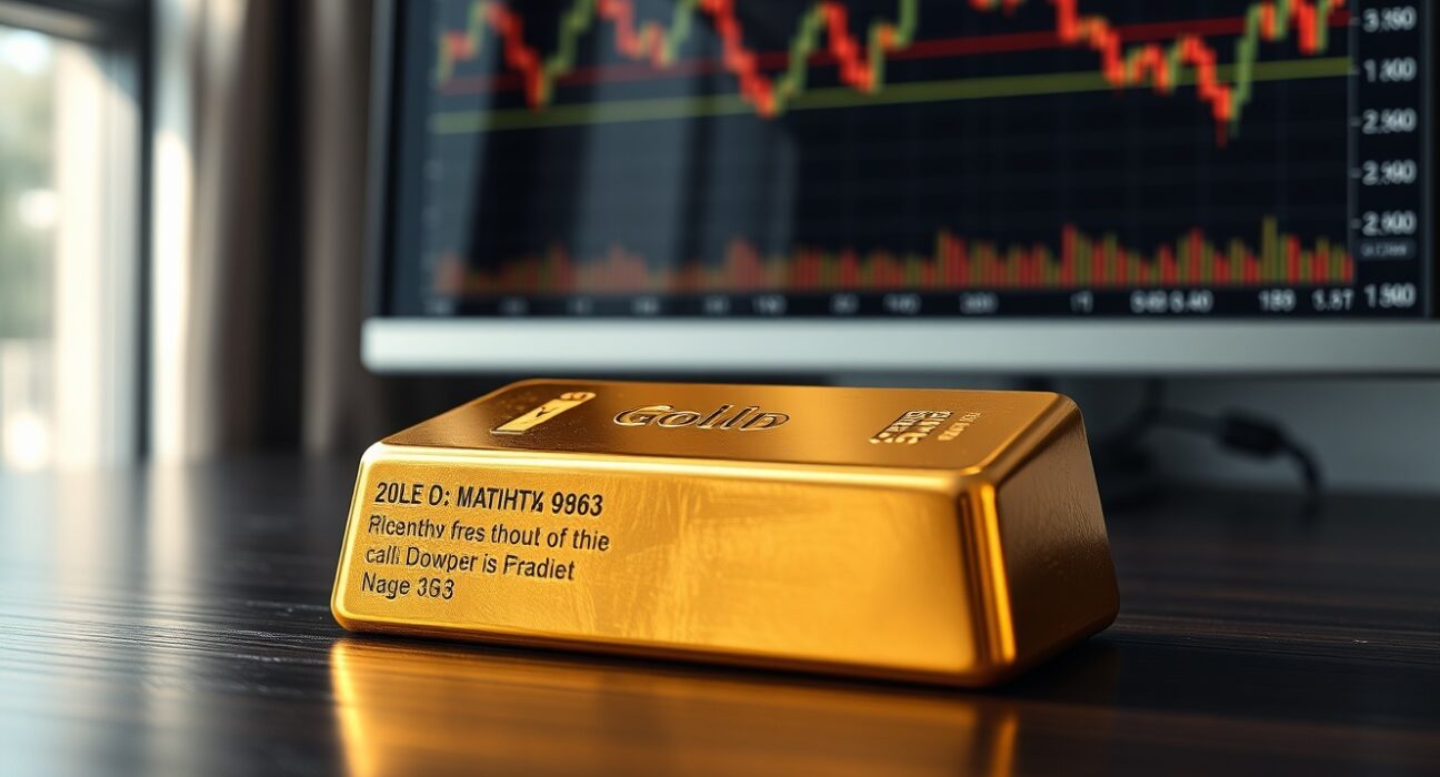 Gold bullion bar with financial charts reflecting market uncertainty and price decline.