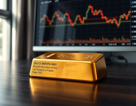 Gold bullion bar with financial charts reflecting market uncertainty and price decline.