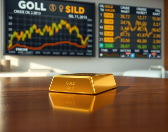 Gold bullion bar reflecting market data screens showing gold and oil price charts during geopolitical negotiations.