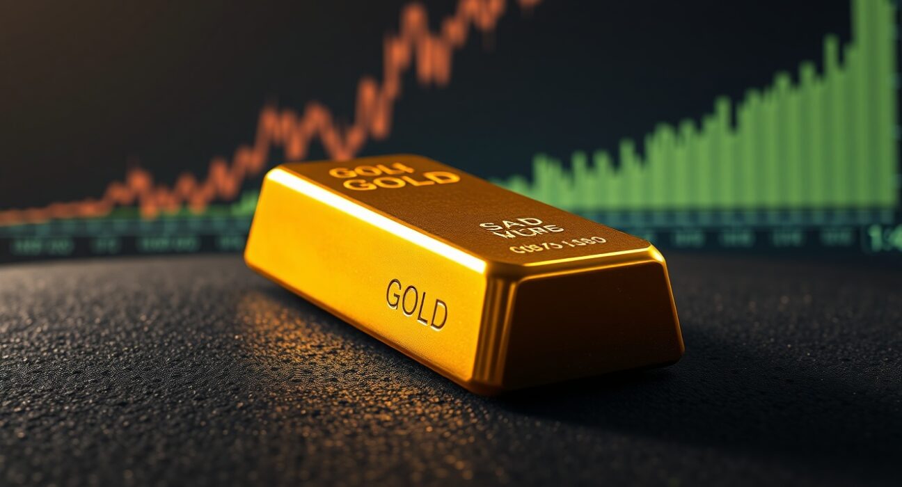 Gold bullion bar representing safe-haven demand during US-Iran geopolitical tensions.