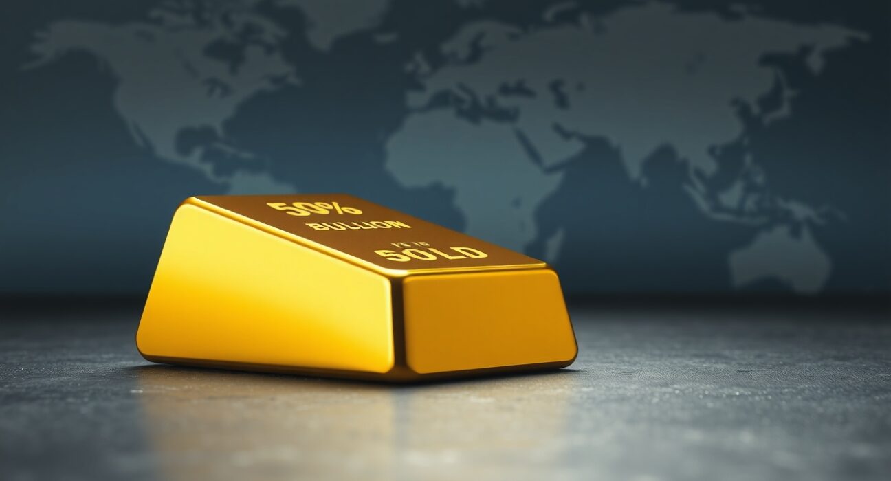 Gold bullion bar representing safe-haven asset during US-Iran geopolitical tensions.