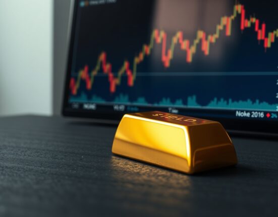 Gold bullion bar representing safe-haven demand during falling Treasury yields and geopolitical tension.