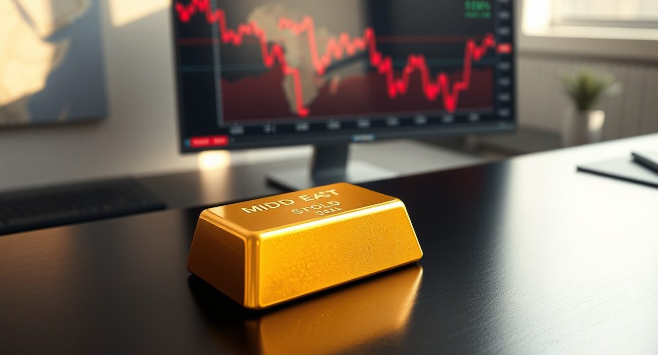 Gold bullion bar with financial charts reflecting Middle East tensions and US inflation data impact on markets.
