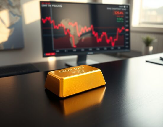 Gold bullion bar with financial charts reflecting Middle East tensions and US inflation data impact on markets.