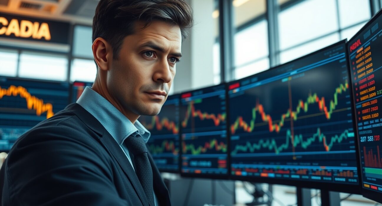 Professional trader analyzing gold price volatility and market data on trading floor monitors