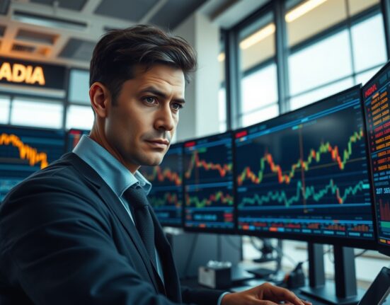 Professional trader analyzing gold price volatility and market data on trading floor monitors