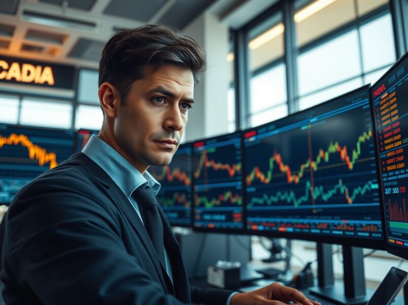 Professional trader analyzing gold price volatility and market data on trading floor monitors