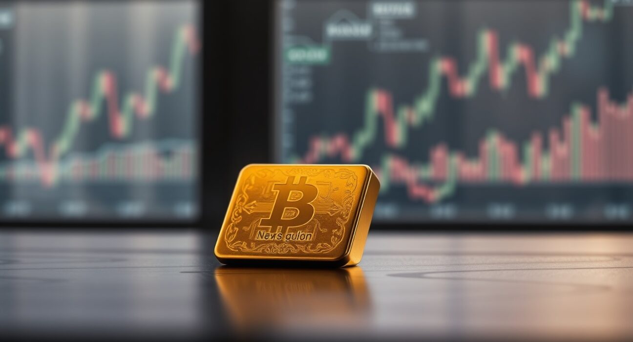 Gold bullion bar on dark wooden surface with blurred financial charts in background