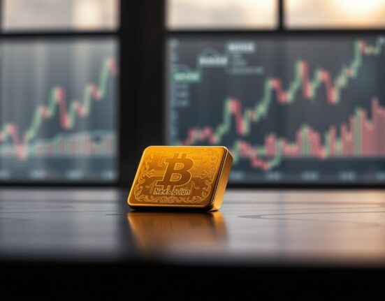 Gold bullion bar on dark wooden surface with blurred financial charts in background
